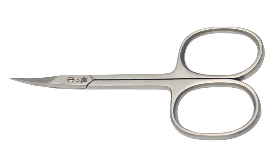 Close up of the curved blades on the MBI-505 scissors for detailed grooming work.