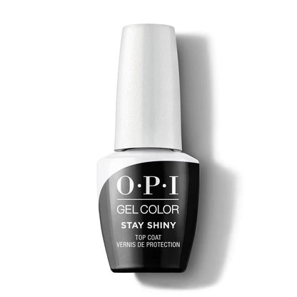 Before and after comparison showing gel manicure transformation with OPI Top Coat GC003 shine.