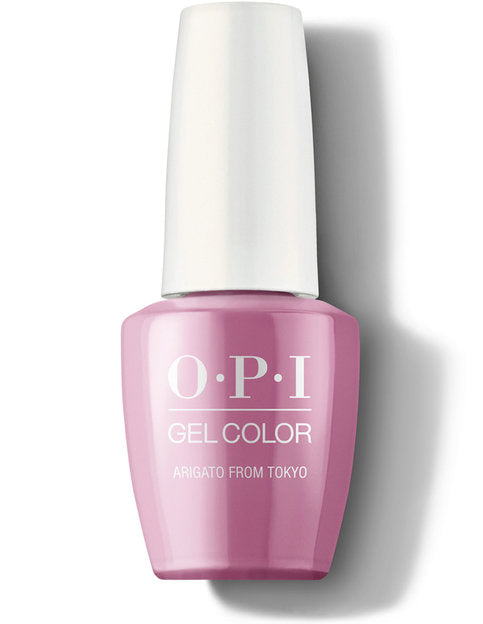 OPI GelColor Arigato From Tokyo T82 bright coral pink gel polish bottle on white background.