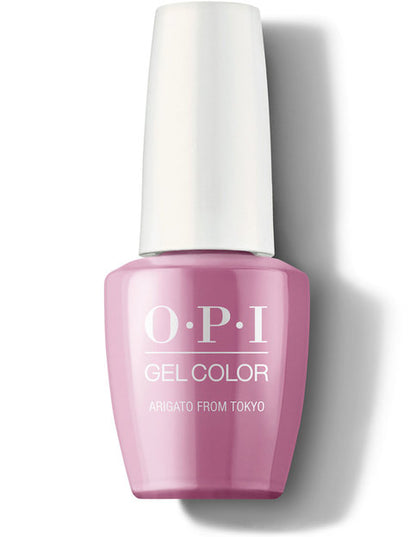 OPI GelColor Arigato From Tokyo T82 bright coral pink gel polish bottle on white background.