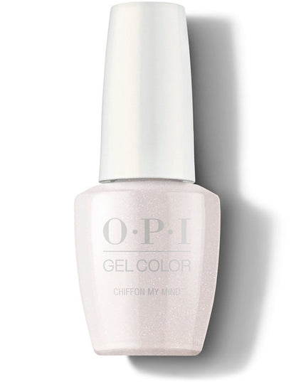 OPI GelColor Chiffon My Mind T63 sheer nude pink gel polish bottle on white background.