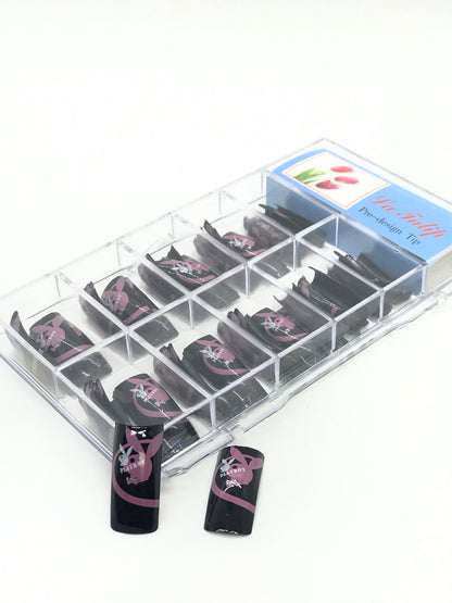 Pre designed nail tips in various styles including French, ombre, and glitter designs available at CM Nails Canada